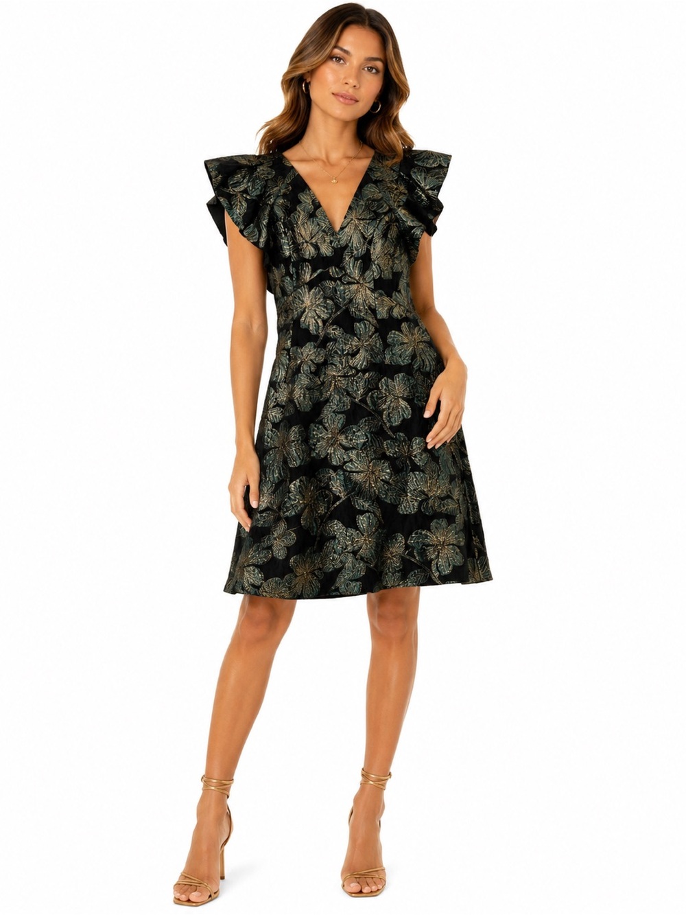 NWT Lilly Pulitzer Size 10 Black & Green Floral‎ V-Neck Ruffle Sleeve Dress